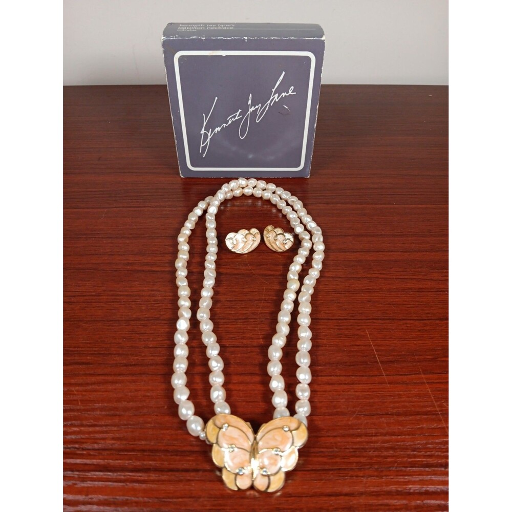 KJL for Avon Papillon Enamel Necklace & Clip On Earrings Set Faux Pearls EUC